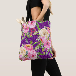 Tote Bag Roses d'aquarelle en Parties scintillant rose et c