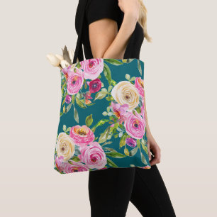 Tote Bag Roses d'aquarelle en rose et crème sur Turquoise