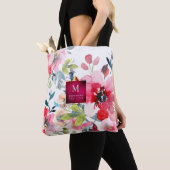 Tote Bag Roses de jardin d'aquarelle, Ombre rouge+Monogramm (De près)