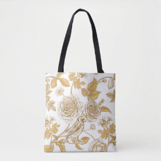 Tote Bag Roses dorés, fleurs, feuilles et baies de chien