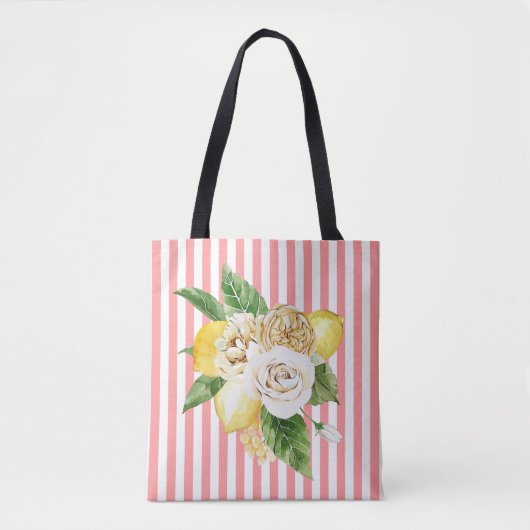 Tote Bag Roses et citrons sur bandes roses (Devant)