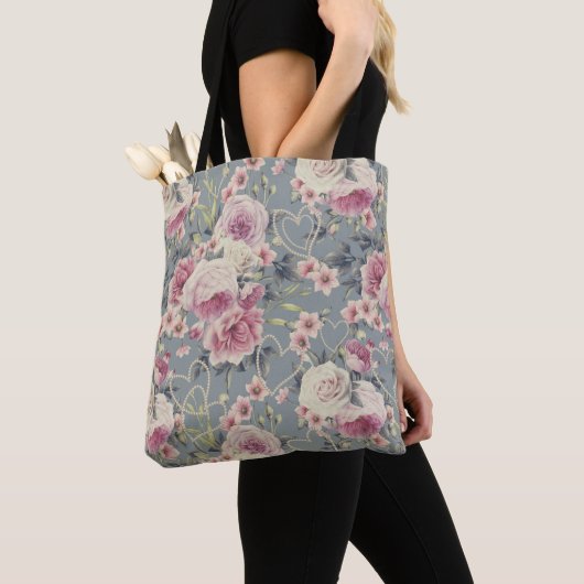 Tote Bag Roses et Coeurs de Perles Jolies rose Motif Grey (De près)