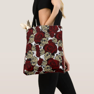 Tote Bag Roses et crânes rouges Noir Floral Blanc gothique