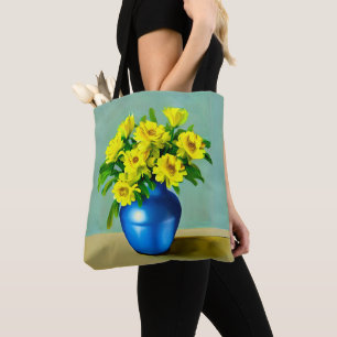 Tote Bag Roses jaunes dans un Vase bleu Boho Art