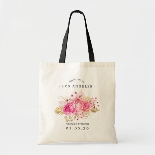 Tote Bag Roses rose et or Aquarelle Mariage Bienvenue (Devant)