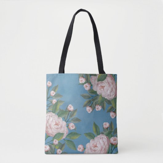 Tote Bag Roses rose pâle avec Arrière - plan bleu marine (Devant)