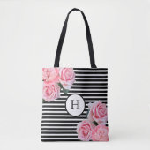 Tote Bag Roses roses fleurs noir blanc rayures monogramme (Devant)