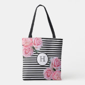 Tote Bag Roses roses fleurs noir blanc rayures monogramme (Dos)