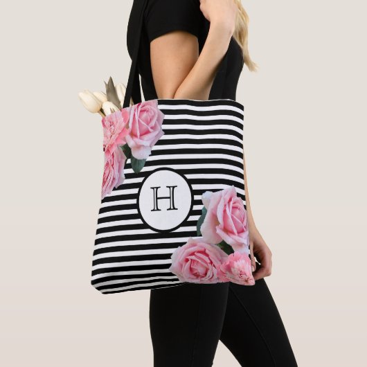 Tote Bag Roses roses fleurs noir blanc rayures monogramme (De près)