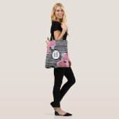 Tote Bag Roses roses fleurs noir blanc rayures monogramme (Sur le modèle)