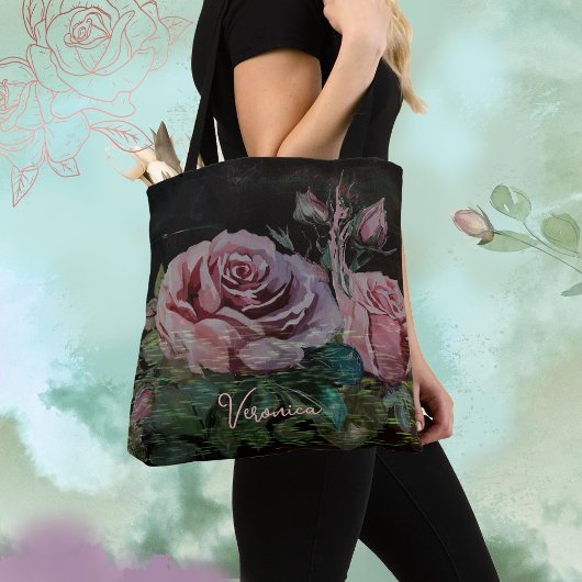 Tote Bag Roses roses sur noir