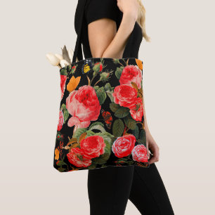 Tote Bag ROSES ROUGES ET BOUTEILLES JAUNES Floral noir