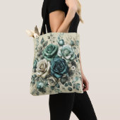Tote Bag Roses turquoises et blanches (De près)