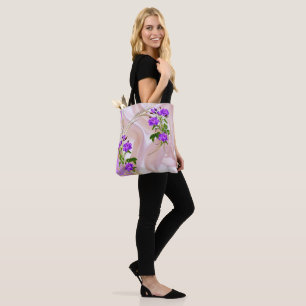 Tote Bag Roses violets d'aquarelle violette sur soie rose