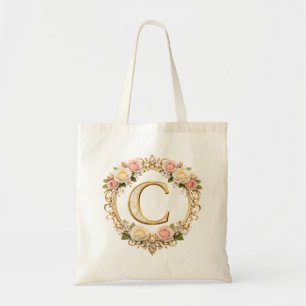 Tote Bag Rouge à joues Rose Gold Floral Monogramme Lettre C