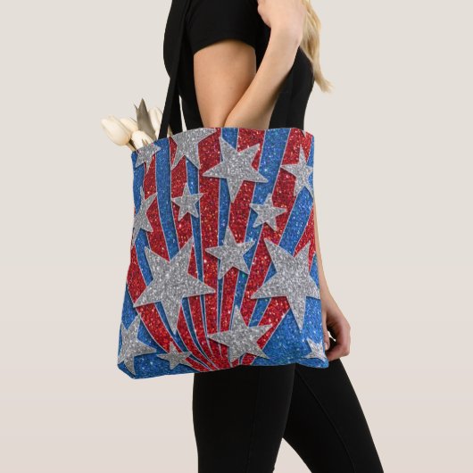 Tote Bag Rouge Blanc Bleu Parties scintillant Drapeau Améri (De près)