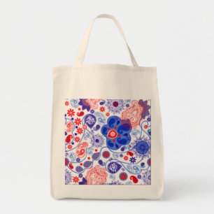 TOTE BAG ROUGE, BLANC, CRÉATEUR DE FLEURS BLEUES SHOPPPING