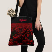 Tote Bag rouge bordeaux noir et profond, fleurs, ton nom (De près)
