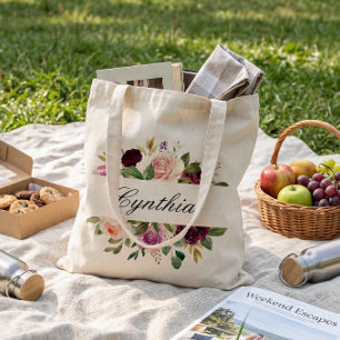 Tote Bag Rouge Bourgogne Blush Floral Aquarelle Demoiselle