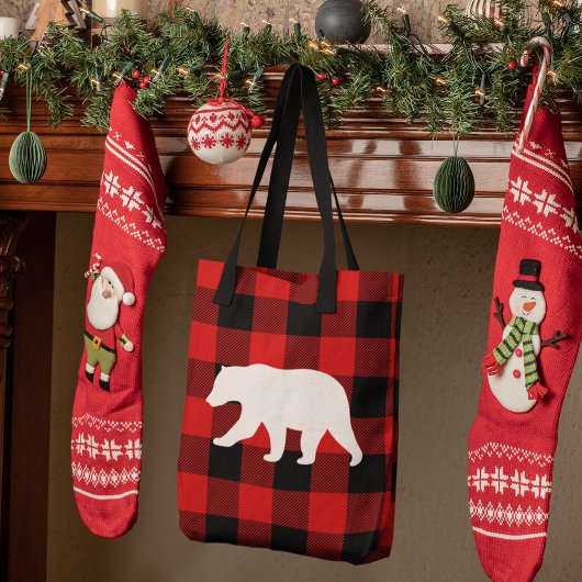 Tote Bag Rouge Buffalo Plaid & Ours Blanc