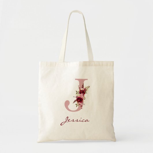 Tote Bag Rouge de blush, Bourgogne, Lettre J Floral (Devant)