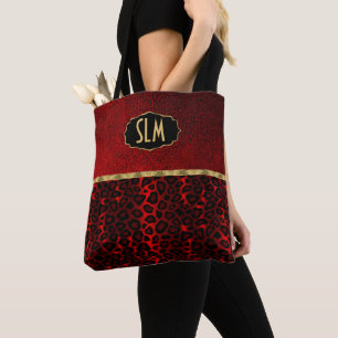 Tote Bag Rouge de texture de monogramme et motif de léopard
