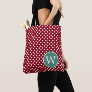 Tote Bag Rouge et Blanc à pois avec monogramme sarcelle fon