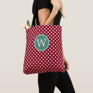 Tote Bag Rouge et Blanc à pois avec monogramme sarcelle fon
