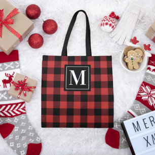 Tote Bag Rouge et noir personnalisable plaid buffalo monogr