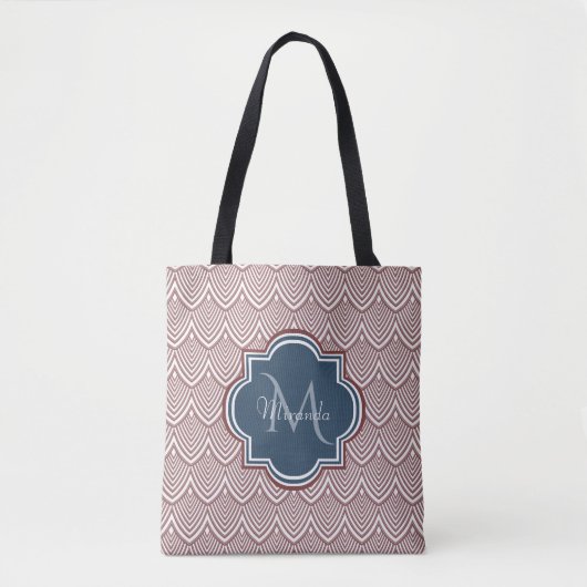 Tote Bag Rouge foncé Déco pétoncles bleu marine Monogramme (Devant)