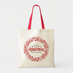 Tote Bag Rouge foncé Élégant texte de Noël et couronne