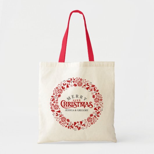 Tote Bag Rouge foncé Élégant texte de Noël et couronne (Devant)