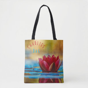 Tote Bag Rouge Lotus Fleur Bleu et Or Accents