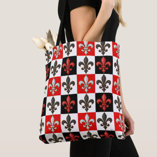Tote Bag Rouge Noir Blanc À damiers Fleur de lis Design