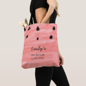 Tote Bag Rouge pastèque noire anniversaire ajouter nom date (De près)