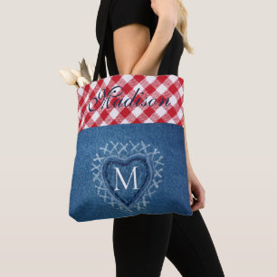Tote Bag Rouge Plaid Buffalo Check Denim Heart Monogramme