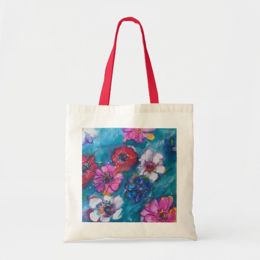 TOTE BAG ROUGE ROUGE BLANC FLEURS COLORÉES EN BLEU (Devant)