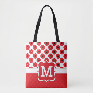 Tote Bag Rouge Shabby Chic, Coquelicots Monogramme Noir & B