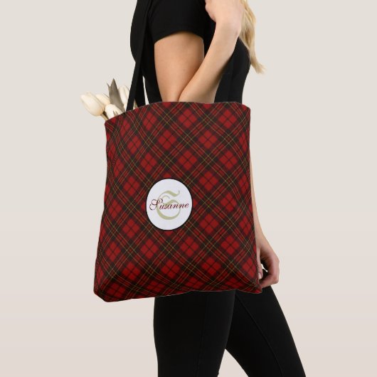 Tote Bag Rouge tartan Noël plaid hiver motif Monogramme (De près)