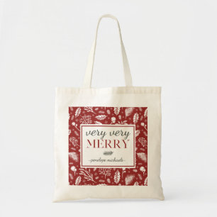 Tote Bag Rouge Très Joyeux avec Botanique et Nom Noël