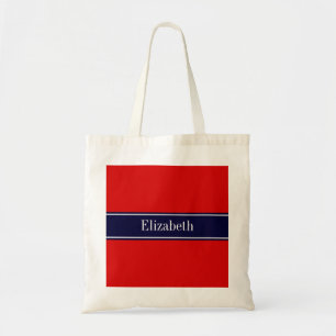 Tote Bag Rouge uni, ruban bleu marine Nom Monogramme