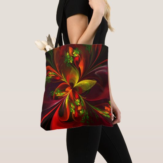 Tote Bag Rouge vert moderne Floral Abstrait Art Motif #05 (De près)