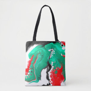 Tote Bag Rouge, vert, noir et Marbre blanc Fluid Art