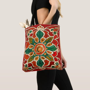 Tote Bag Rouge Vert Orange Jaune Azulejos Motif Floral