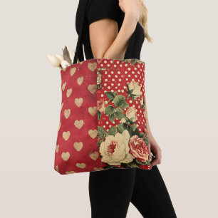 Tote Bag Rouge Vintage Chic Dots Coeurs Floraux Mélange