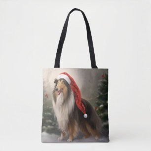 Tote Bag Rough Collie Chien dans la neige Noël