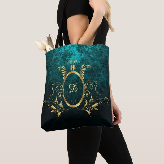 Tote Bag Royal Personalized Damask Turquoise (De près)