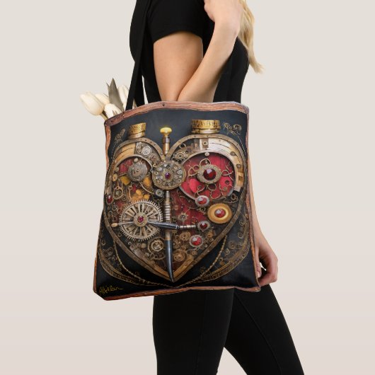 Tote Bag Rubies Et Engrenages Coeur Steampunk Series (De près)
