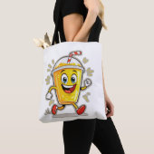 Tote Bag **Running Juice Cup Cartoon – Fun Street Drink Cha (De près)