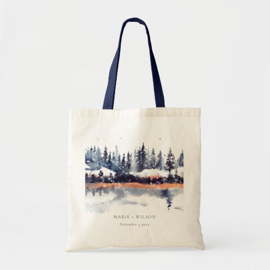 Tote Bag Rust Navy Winter Pine Forest Mariage de neige (Devant)